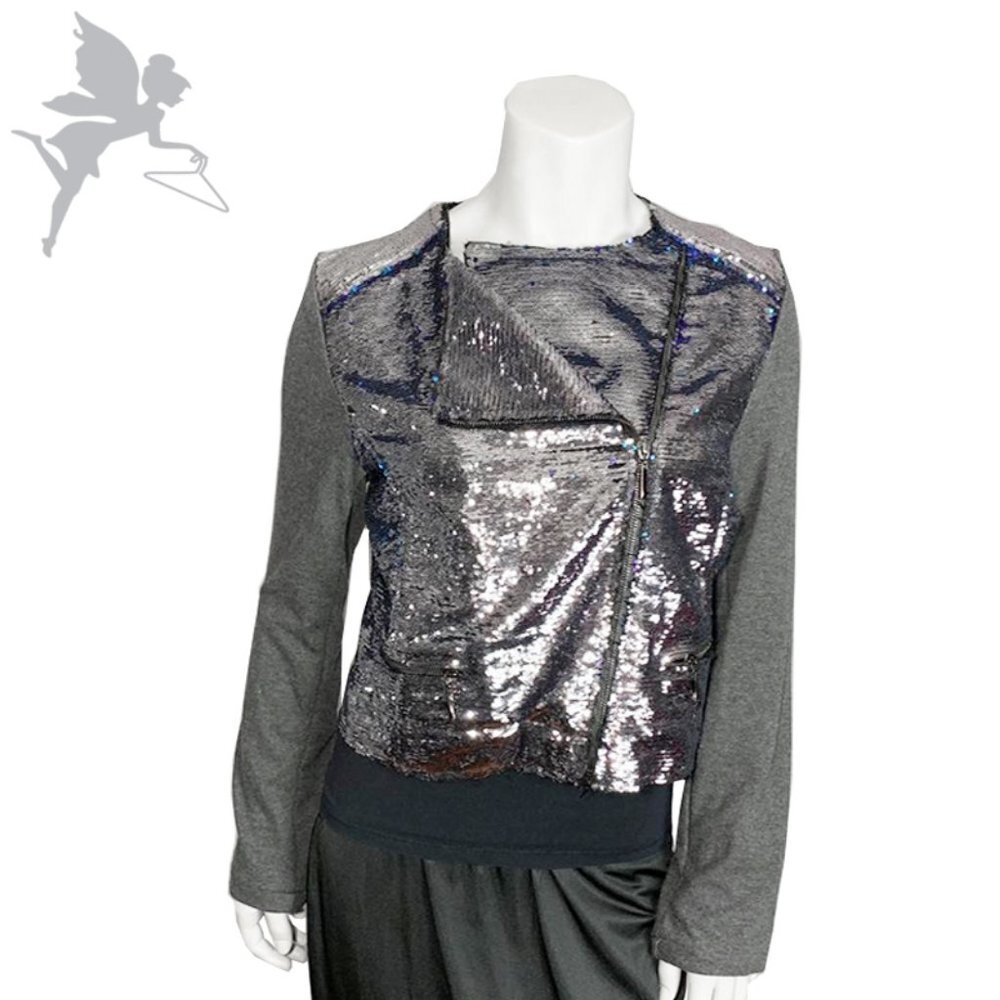 NWT AQUA Iridescent sequin moto knit jacket